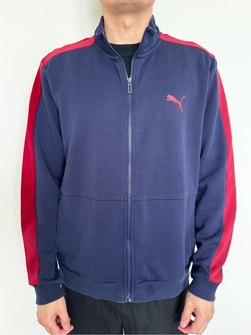 Puma Men's Navy with Red Sleeve-Accent Full Zip Sweater